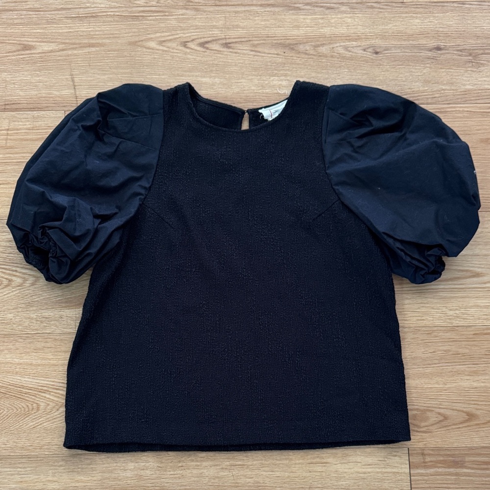 By Anthropologie Women's Black Mixed Media Puff Sleeve Textured Blouse Medium - Picture 3 of 10